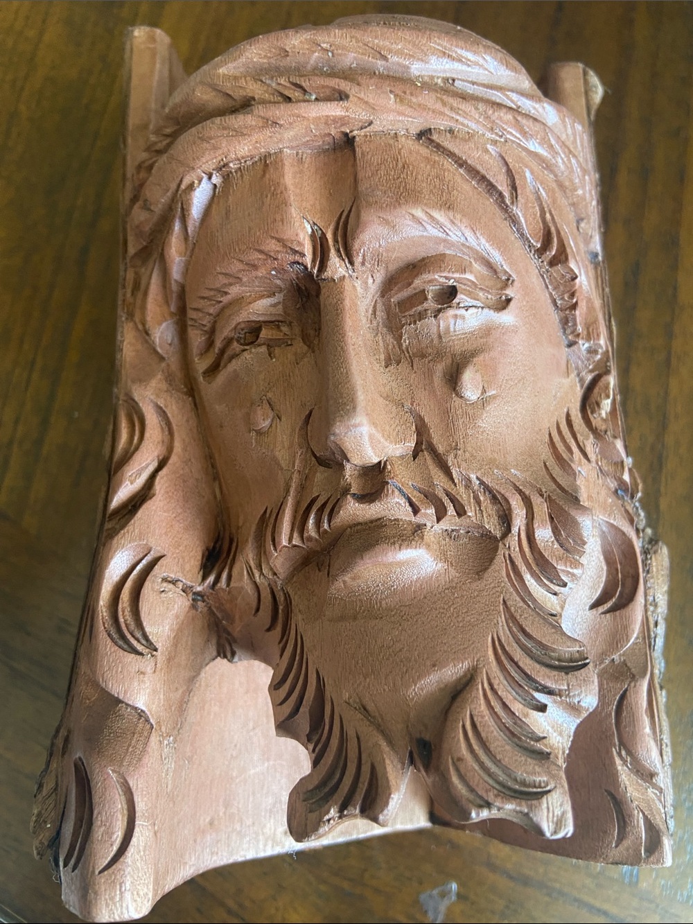 Vintage hand carved wooden Jesus Christ Head, Latin American Folk Art.
